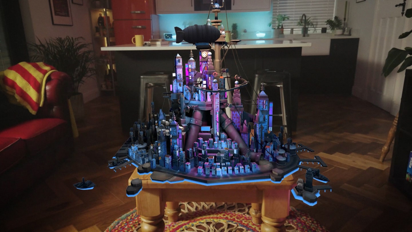 Uma captura de tela de realidade mista do jogo de estratégia baseado em turnos Augmented Empire rodando em um Meta Quest 3