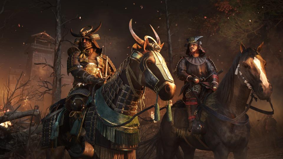 Dois samurais blindados a cavalo em Assassin's Creed Shadows