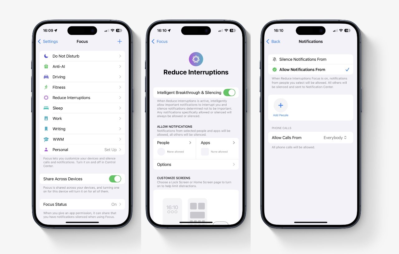 Três telas do smartphone exibem o menu de configurações de foco, opções de redução de interrupções e configurações de notificações para gerenciar chamadas e notificações.