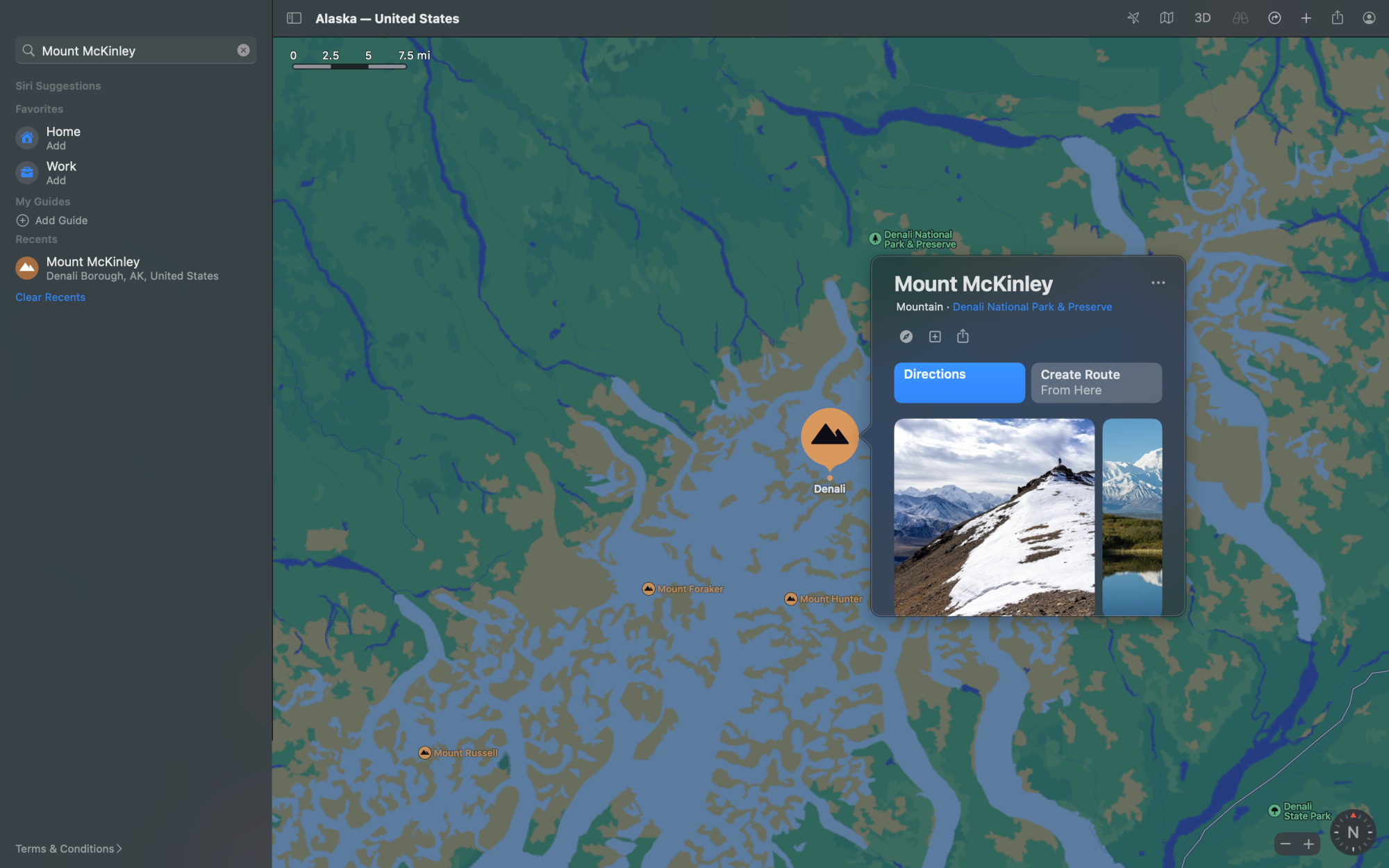 Uma captura de tela de mapas de maçã mostrando uma busca pelo Monte McKinley.