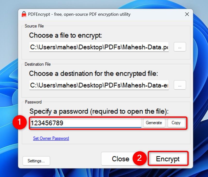 "Senha" e "Criptografar" destacado em PDFEncrypt.