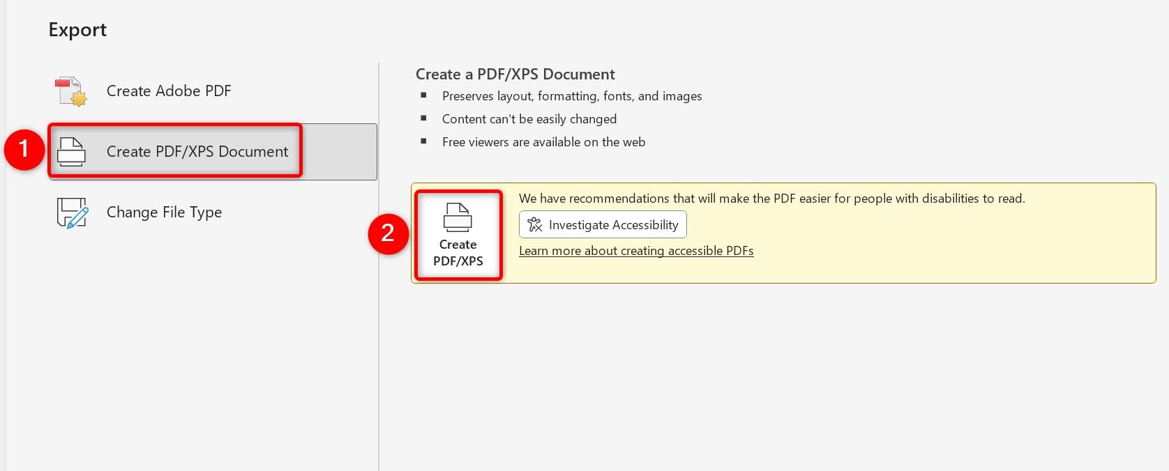 "Criar documento PDF/XPS" e "Criar PDF/XPS" destacado no Word.