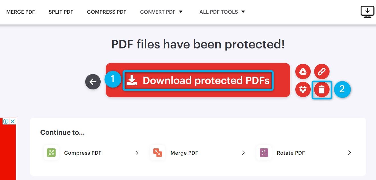 "Baixe PDFs protegidos" e o ícone da lixeira destacado no iLovePDF.