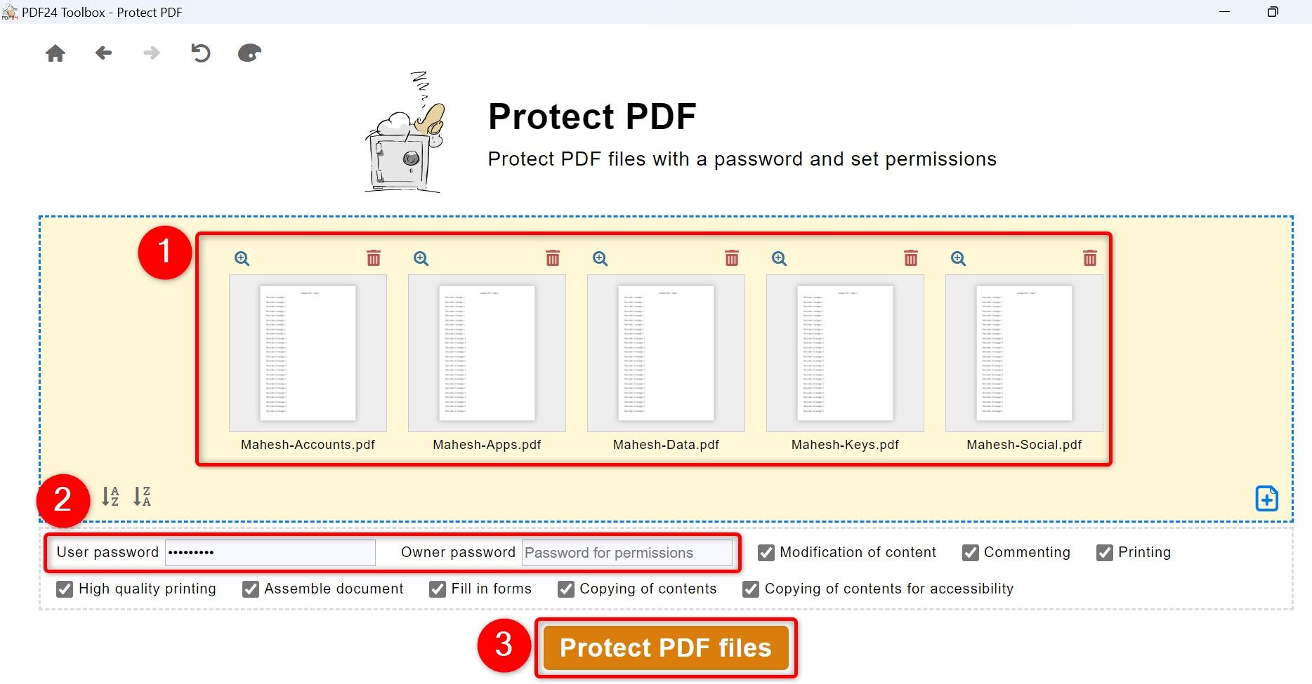 Várias opções destacadas para proteger arquivos PDF no PDF24.