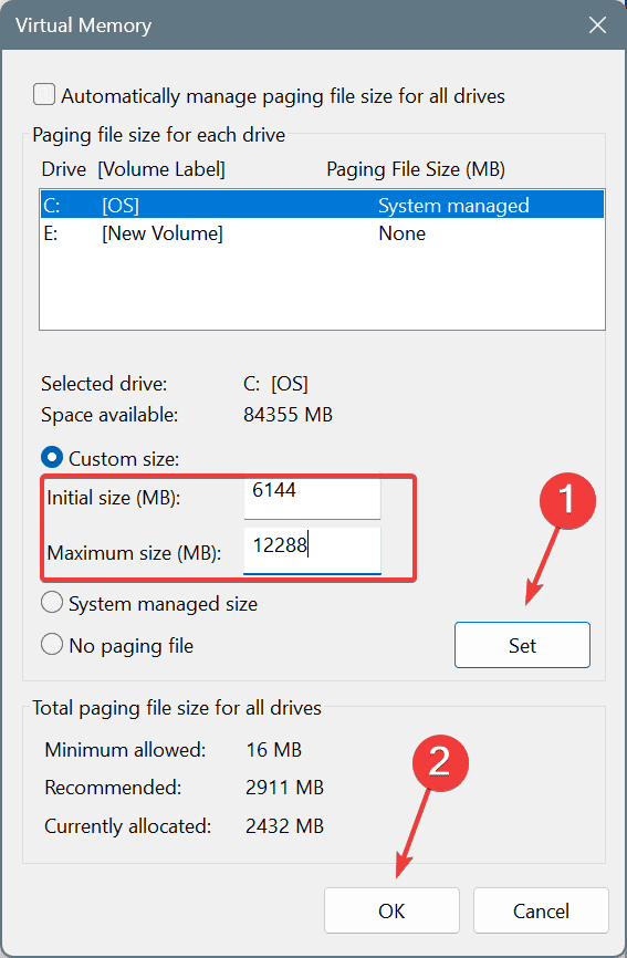 Aumente a memória virtual para corrigir Error_Commitment_minimum