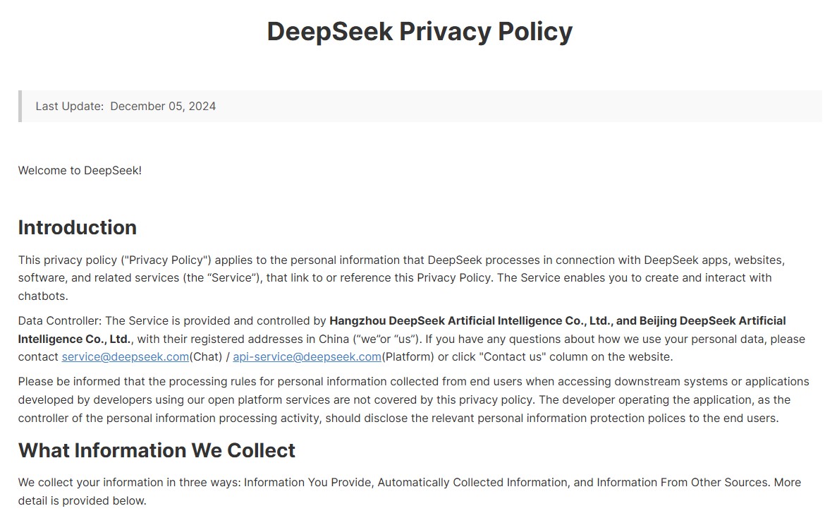 Política de privacidade da Deepseek.