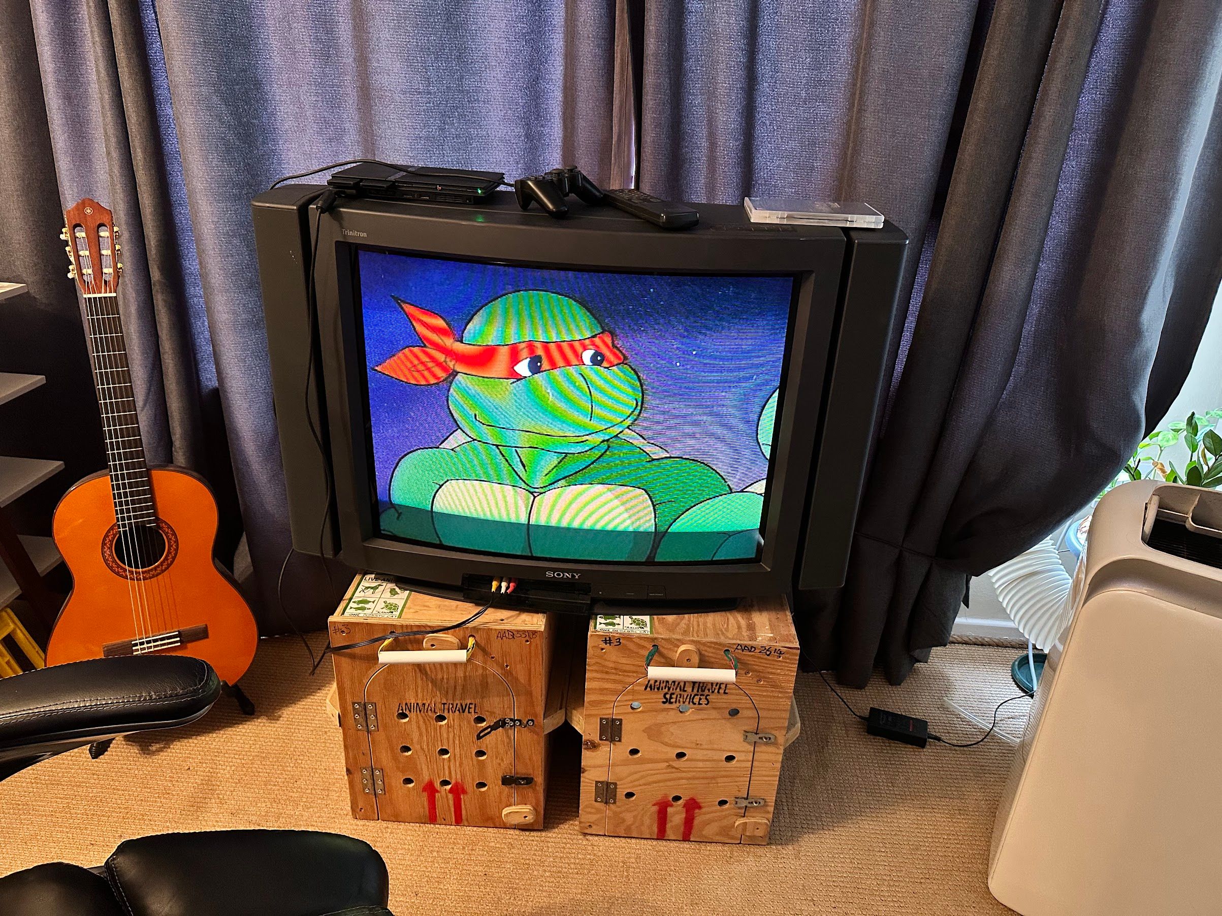 Uma TV da Sony CRT em duas caixas de madeira com o desenho animado das Tartarugas Ninja tocando na tela.