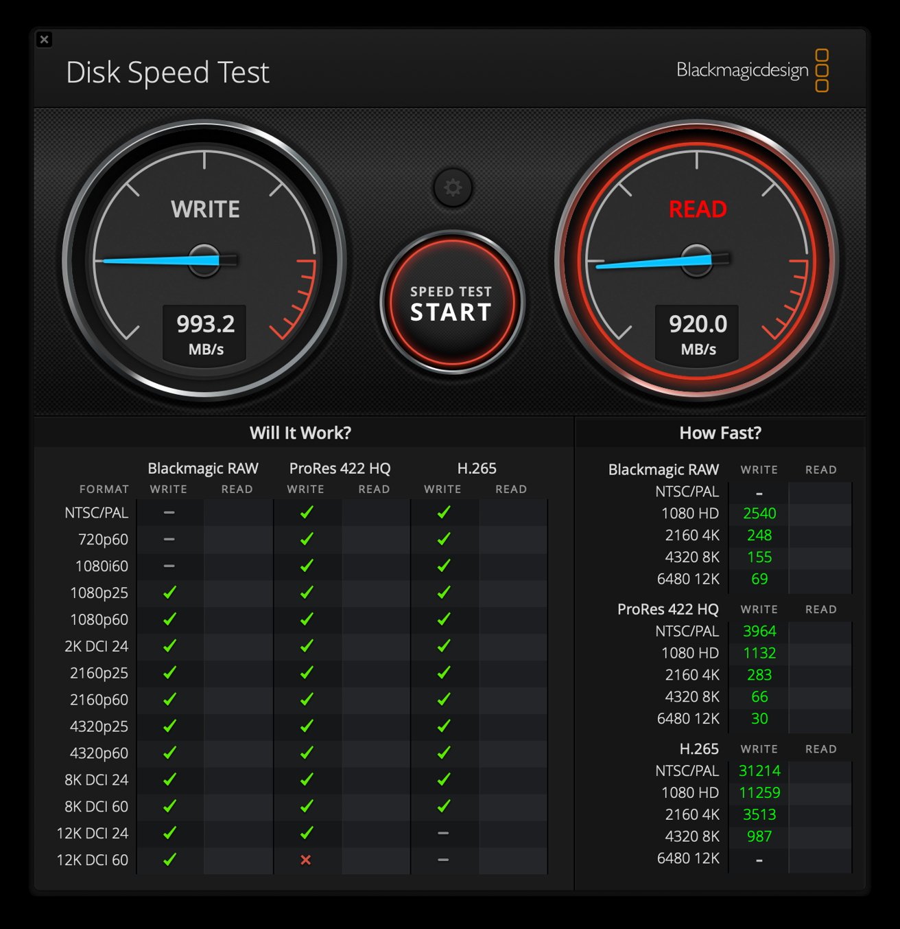 Interface de teste de velocidade do disco Blackmagic mostrando a velocidade de gravação de 993,2 Mb/s, Leia a velocidade de 920,0 Mb/s, com tabelas de compatibilidade e velocidade para formatos de vídeo.