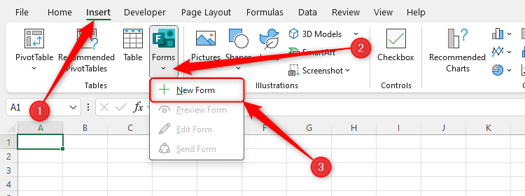 A opção Novo formulário no menu suspenso Formulários da guia Inserir no Microsoft Excel.