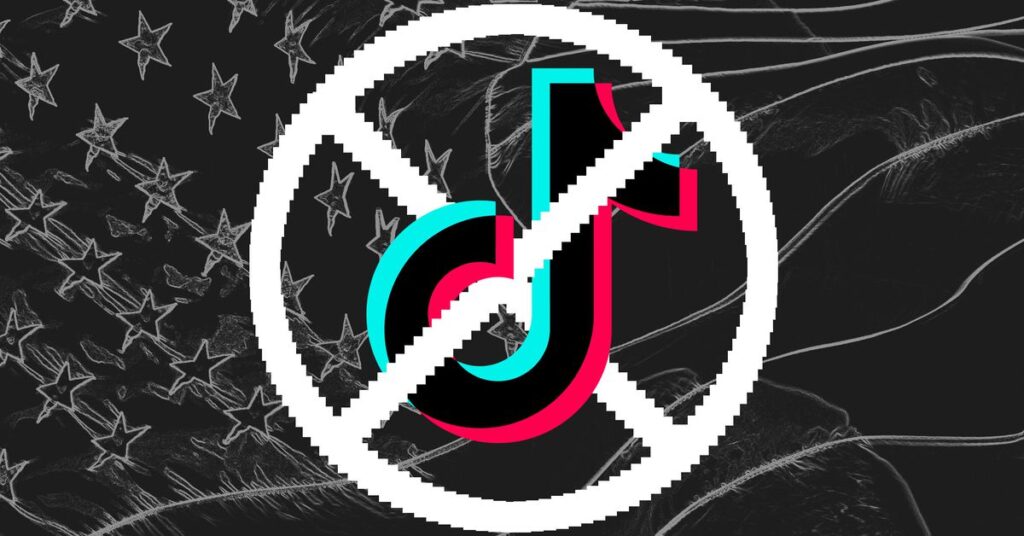 Photo illustration of Tik Tok logo in a ban symbol.