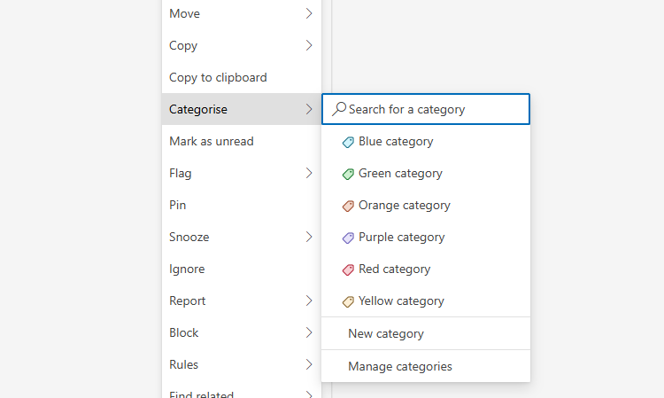 A opção Categorizar no novo Outlook para Windows e as categorizações de cores padrão disponíveis para atribuir.