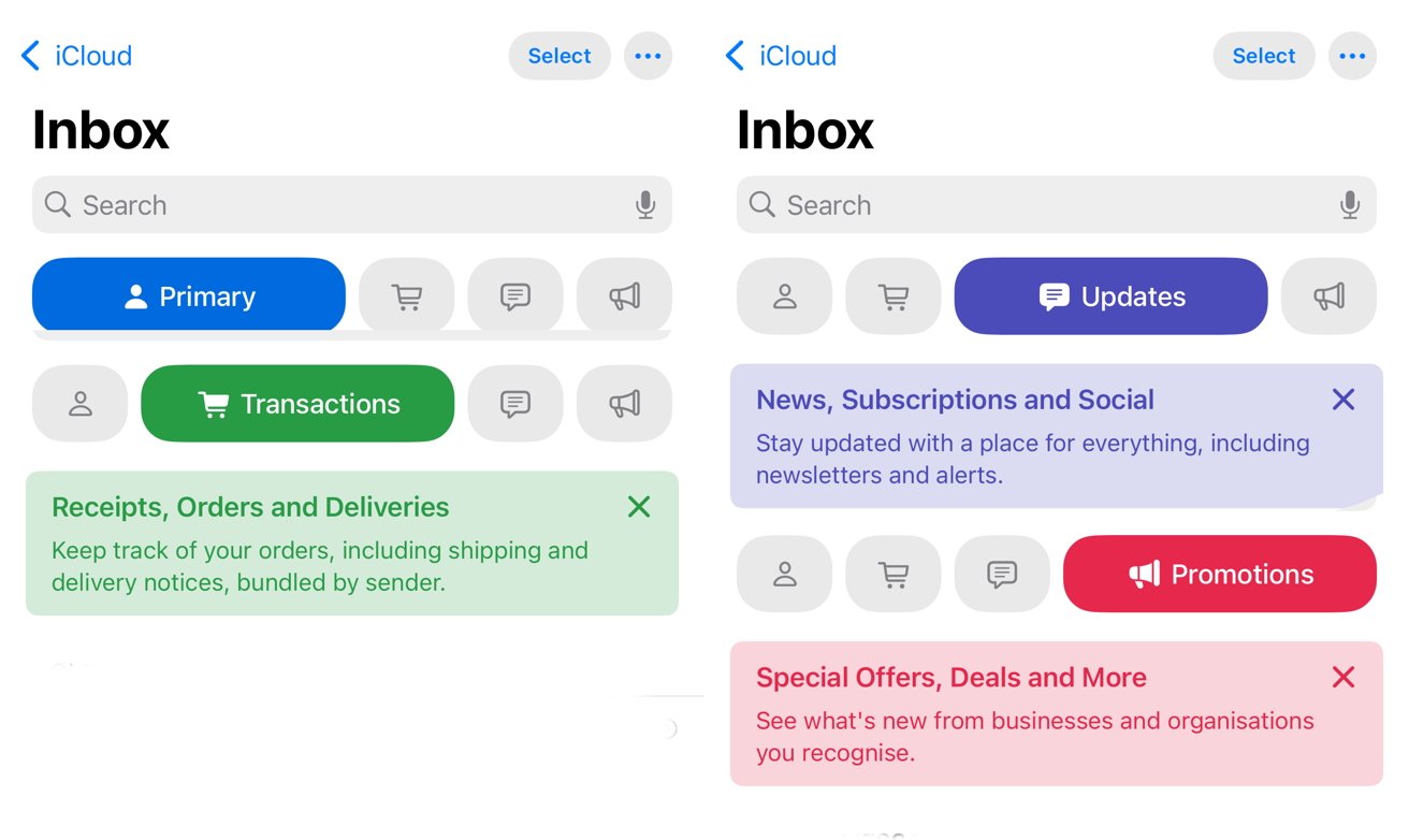 Duas interfaces de caixa de entrada de e-mail com categorias: Primária, Transações, Atualizações, Promoções. As descrições enfatizam o rastreamento de pedidos, o recebimento de notícias e a localização de ofertas especiais. As seções são codificadas por cores azul, verde, roxo e vermelho.