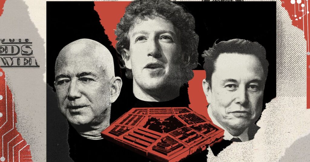 Digital photo collage of Jeff Bezos, Mark Zuckerberg, and Elon Musk with the Pentagon.