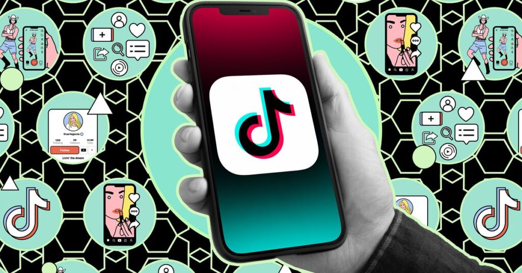 Hand holding phone with a TikTok logo against various small illustrations.