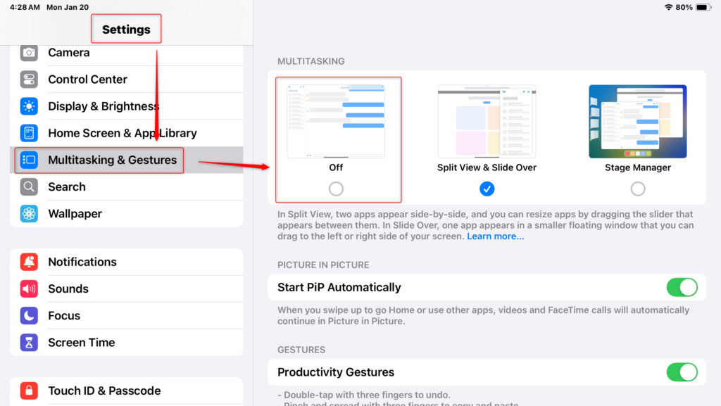 Aplicativo de configurações do iPad mostrando opções de multitarefa e visitas.