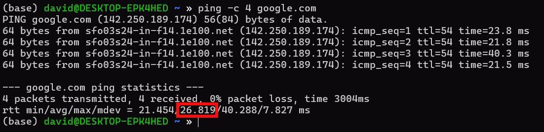 Resultados de ping do google.com com o tempo médio de ida e volta destacado em uma caixa vermelha.