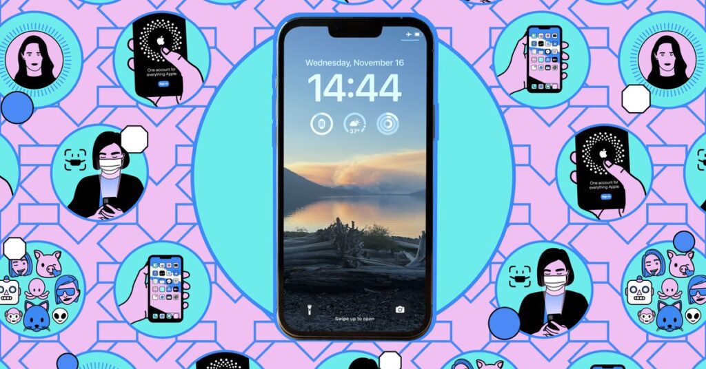 Illustration of an iPhone showing its lockscreen on a pink and blue background.