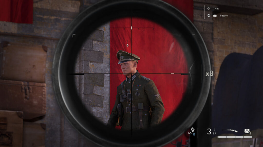 Um nazista aparece em uma mira de atirador em Sniper Elite: Resistance.