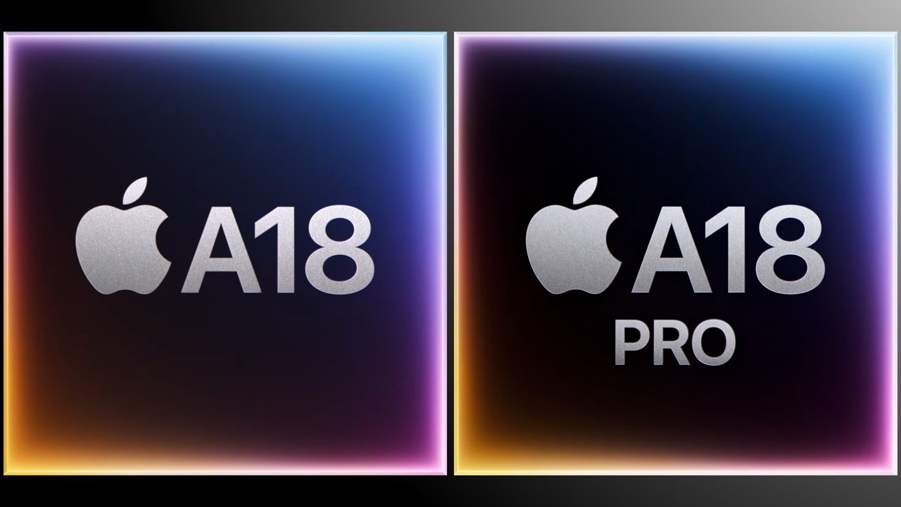 Dois logotipos da Apple com texto prateado; à esquerda diz A18, à direita diz A18 Pro, contra fundos gradientes coloridos.