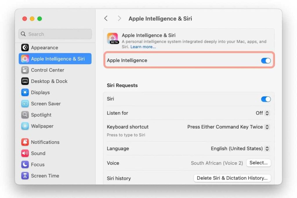 Configuração do macOS Apple Intelligence