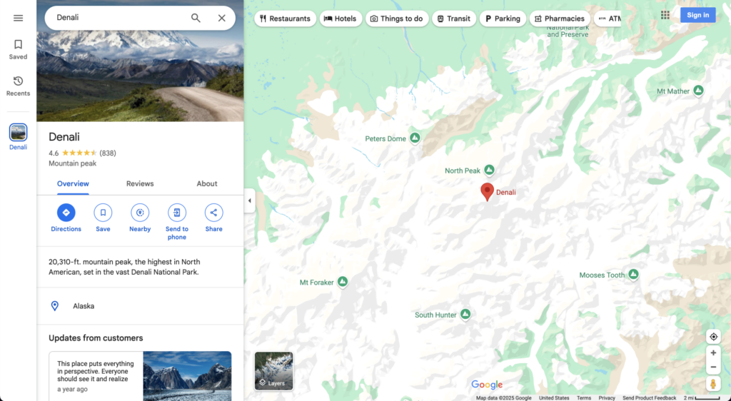 Uma captura de tela do Google Maps mostrando uma pesquisa pelo Monte McKinley.