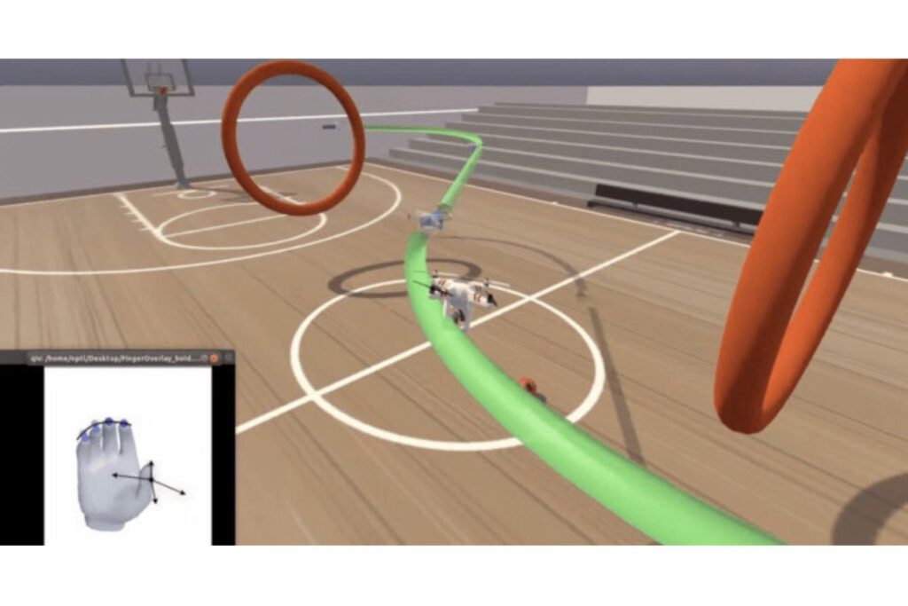 A screenshot of the drone being directed through a simulated obstacle course by the movements of a virtual hand. 