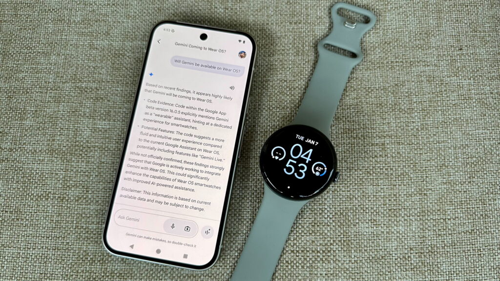 O Pixel 9 e o Pixel Watch 3 estão lado a lado. O Pixel 9 mostra o aplicativo Gemini com a consulta 