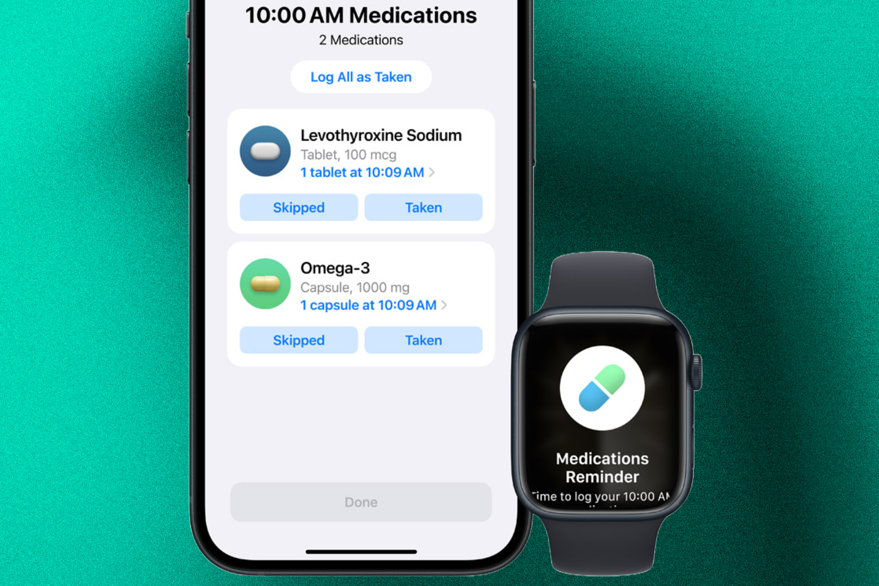 O aplicativo de medicamentos da Apple no iPhone e Apple Watch.